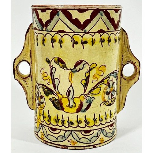 103 - Barnstaple ware - motto tankard with script and geometric detail and lug handles