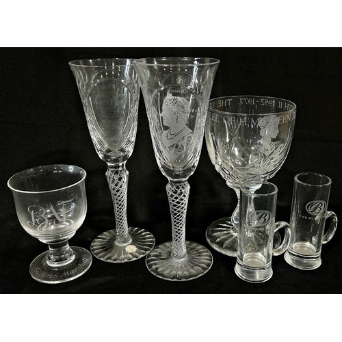 162 - A mixed selection of antique and antique style, wine glasses, a Georgian ale glass with hop and barl... 