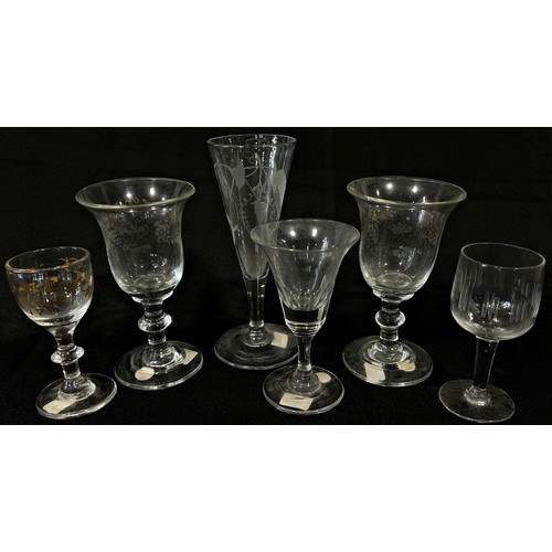 162 - A mixed selection of antique and antique style, wine glasses, a Georgian ale glass with hop and barl... 