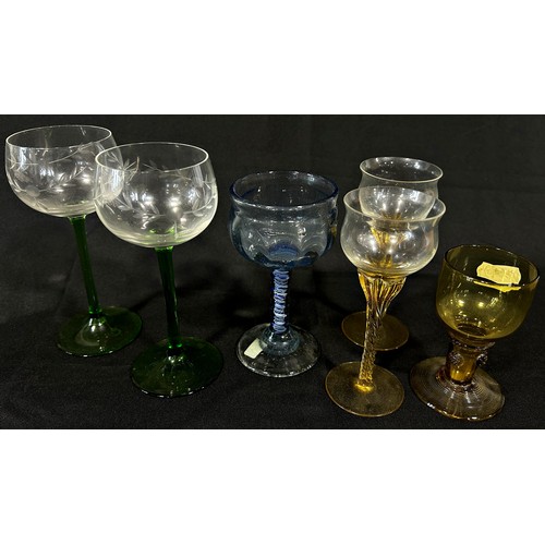 162 - A mixed selection of antique and antique style, wine glasses, a Georgian ale glass with hop and barl... 