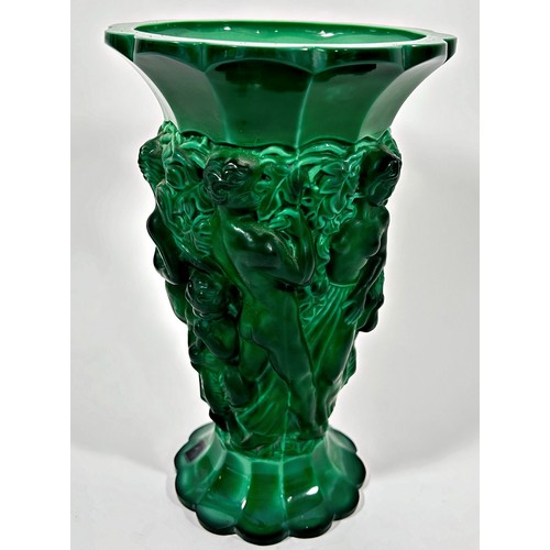 165 - A Desnà jade malachite pressed glass vase with Bacchanalian dancers, engraved Desnà to the base and ... 