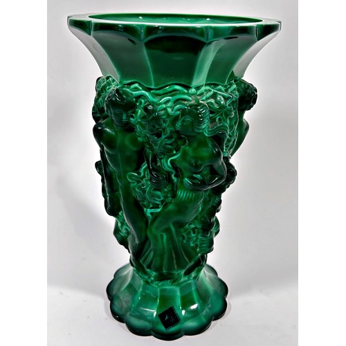 165 - A Desnà jade malachite pressed glass vase with Bacchanalian dancers, engraved Desnà to the base and ... 