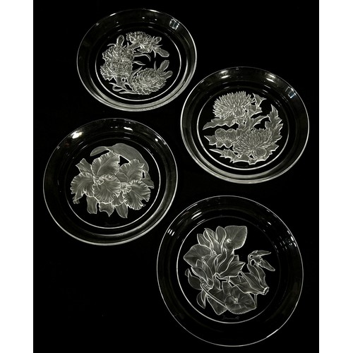 169 - Twelve Japanese Hoya Crystal Art Glass plates engraved with a flower for each month of the year, all... 