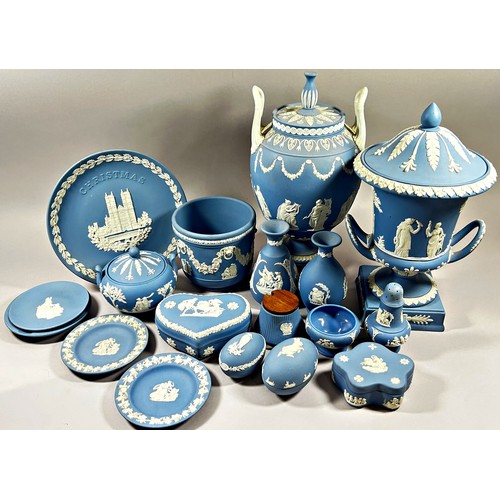 48 - A large collection of Wedgewood Jasperware comprising lidded urns, trinket boxes, vases etc principa... 