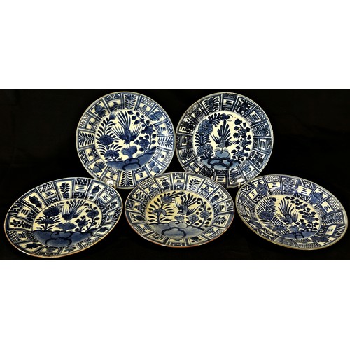 54 - Five 19th century Chinese Kraak porcelain dishes depicting birds amongst foliage within repeated geo... 