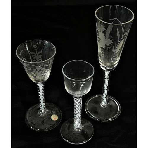 168 - A selection of six late 18th century drinking glasses, to include four cotton twist cordial glasses,... 