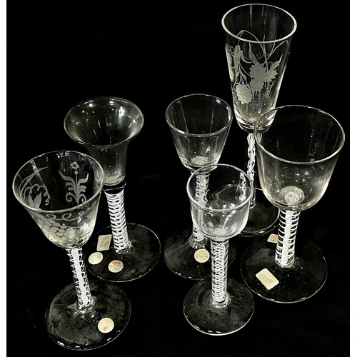 168 - A selection of six late 18th century drinking glasses, to include four cotton twist cordial glasses,... 