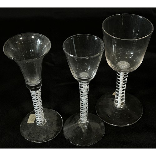 168 - A selection of six late 18th century drinking glasses, to include four cotton twist cordial glasses,... 