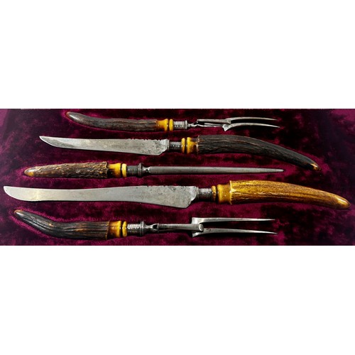 210 - Two pairs of carving knives and forks with antler handles and silver collars, both well used and VER... 