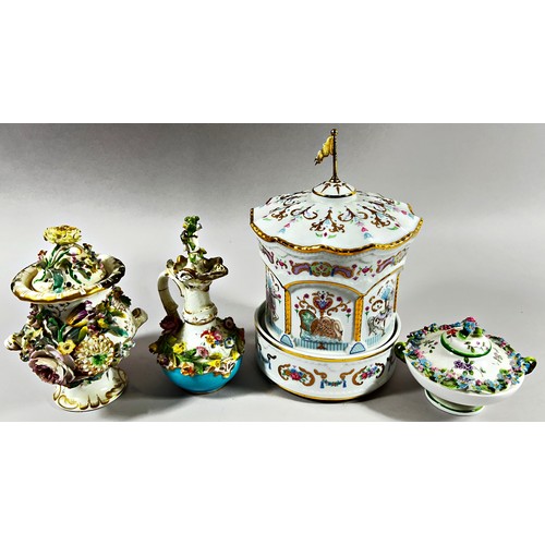 137 - 19th century Coalport floral encrusted toilet water bottle, a further Coalport vase and cover, two S... 