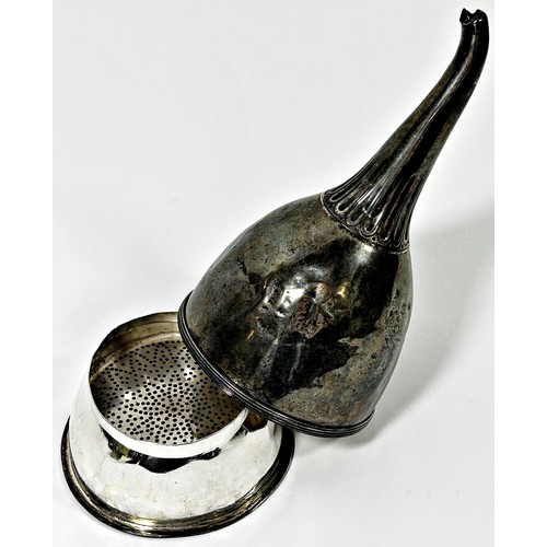 242 - A George III silver wine funnel with a removable filter, (bent and dented), London 1791, maker Micha... 