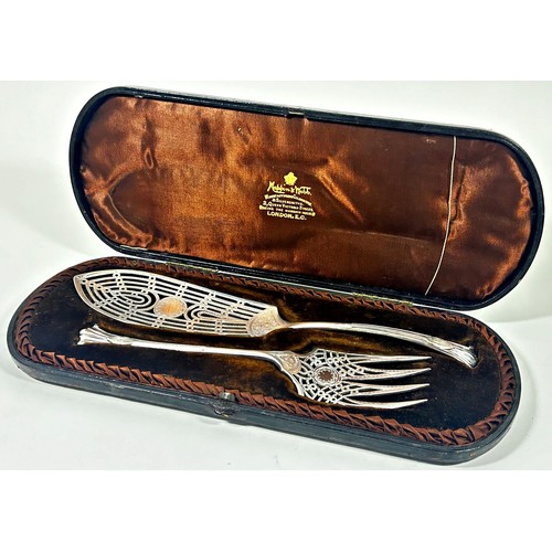 247 - A cased pair of Mappin & Webb fish servers, Sheffield 1894, both with intricate engraving and open w... 