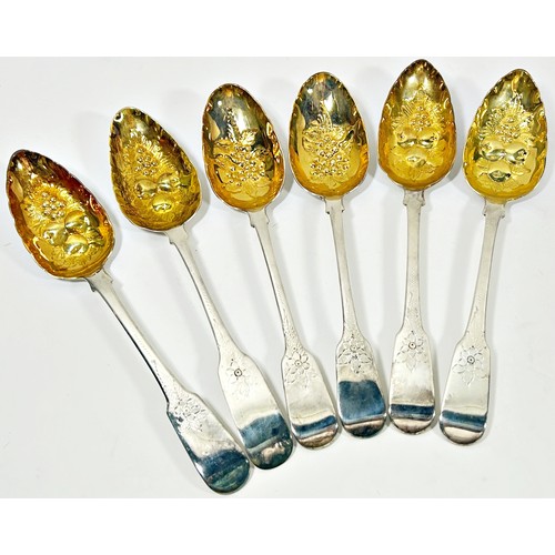 253 - Four matching silver gilt berry spoons, London 1806 makers Randall Chatterdon, a single Irish hallma... 