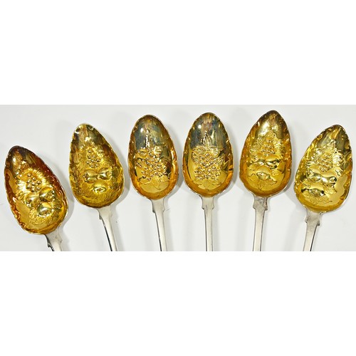 253 - Four matching silver gilt berry spoons, London 1806 makers Randall Chatterdon, a single Irish hallma... 