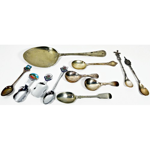 256 - Four cased silver FH spoons, a pair of silver tea caddy spoons, together with some silver plated sou... 