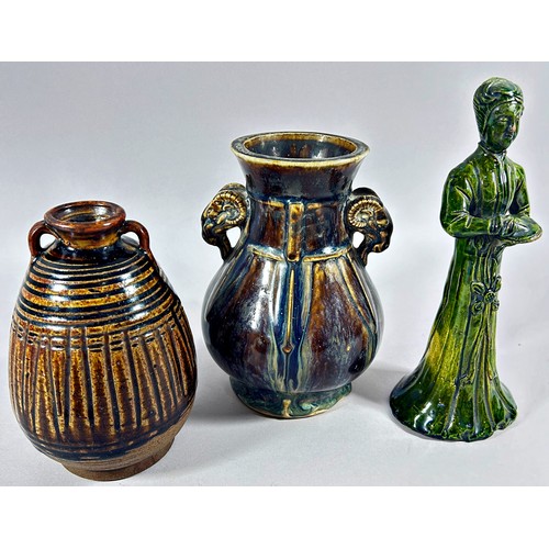 115 - Chinese sancai glazed figure, Guanyin and Sang de Boef twin handled vase and a further twin handled ... 