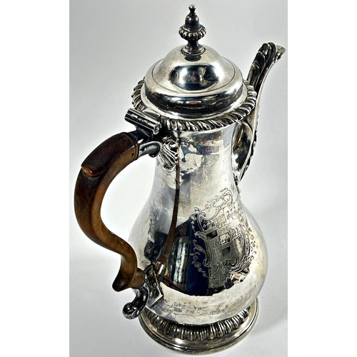 275 - A George III silver scalloped design coffee pot etched with the family crest of the Hale family, pro... 