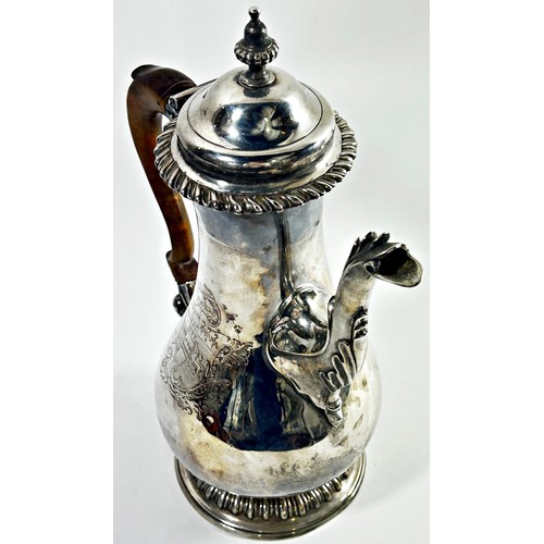 275 - A George III silver scalloped design coffee pot etched with the family crest of the Hale family, pro... 