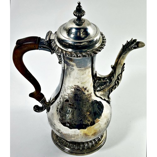 275 - A George III silver scalloped design coffee pot etched with the family crest of the Hale family, pro... 