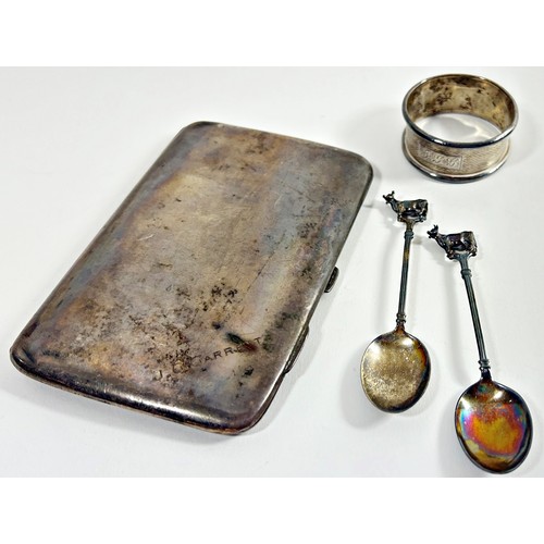 285 - Silver cigarette case, napkin ring, two spoons with cows, 9ct back and front tie pin and a set of cu... 