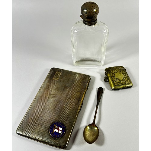 286 - An engine turned silver cigarette case with enamel Hull & District Royal Navy badge, a single silver... 