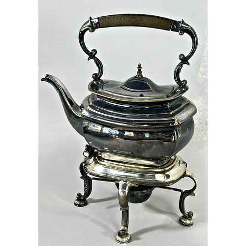 207 - A Georgian style silver plated spirit kettle, complete with burner and locking pin and chain.