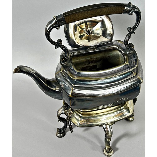 207 - A Georgian style silver plated spirit kettle, complete with burner and locking pin and chain.