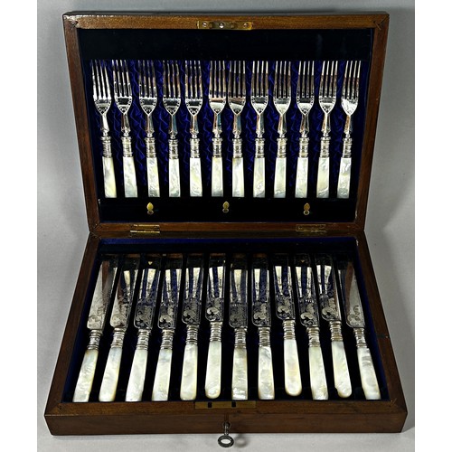 201 - A Victorian canteen of cutlery, twelve Mother of Pearl knives and forks with decorative floral engra... 