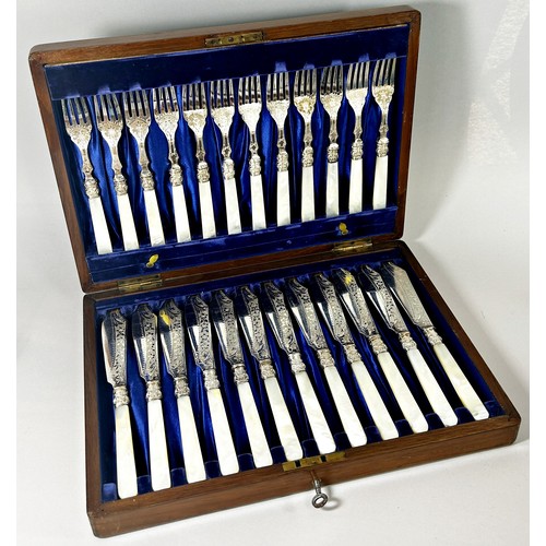 200 - A Victorian cased set of highly engraved silver plated fish knives and forks with decorative Mother ... 