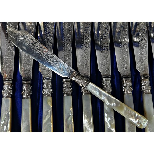 200 - A Victorian cased set of highly engraved silver plated fish knives and forks with decorative Mother ... 