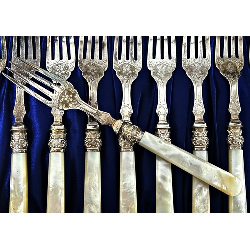 200 - A Victorian cased set of highly engraved silver plated fish knives and forks with decorative Mother ... 