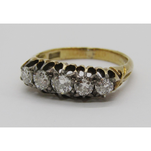 312 - Antique graduated five stone diamond ring, largest stone 0.20ct approx, size K, 3.9g