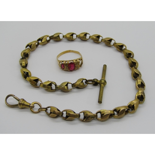 324 - Antique 18ct ring, 2.8g (af replacement paste stones) and a gilt metal fancy Albert chain (2)