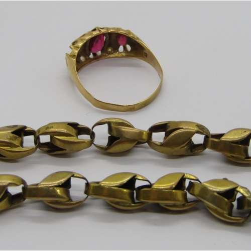 324 - Antique 18ct ring, 2.8g (af replacement paste stones) and a gilt metal fancy Albert chain (2)