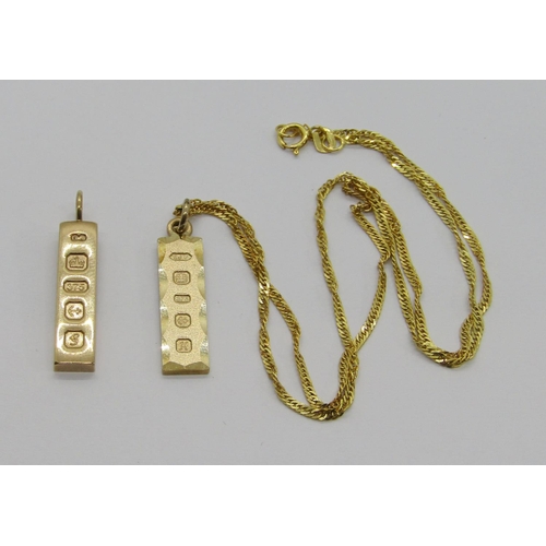 325 - 9ct ingot pendant necklace and a further 9ct ingot, 8g total