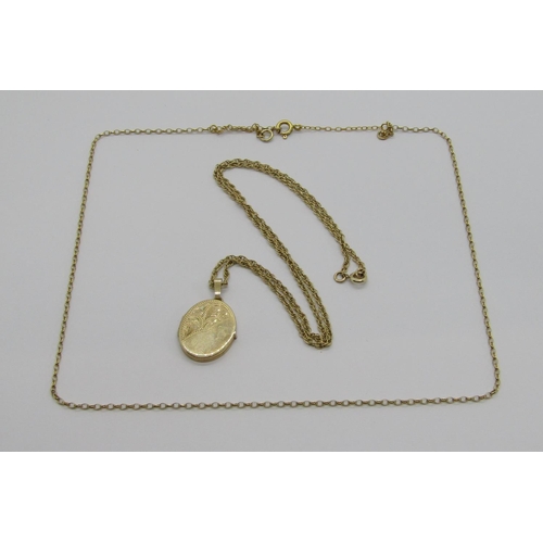 326 - 9ct engraved locket necklace and a further 9ct chain necklace with replacement gold plated clasp, 8.... 