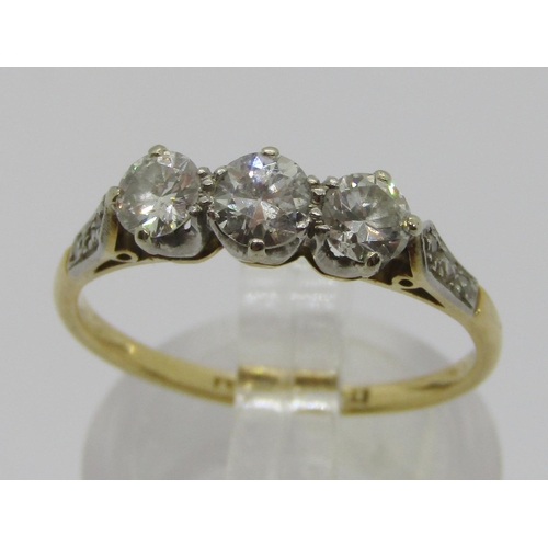 327 - 18ct three stone diamond ring with platinum setting, stones 0.20ct each approx, with further rose-cu... 