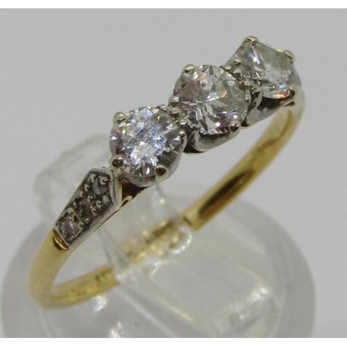 327 - 18ct three stone diamond ring with platinum setting, stones 0.20ct each approx, with further rose-cu... 