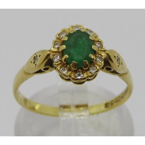 330 - 18ct oval emerald and diamond cluster ring, maker 'B&S', Birmingham 1981, size N, 2.8g