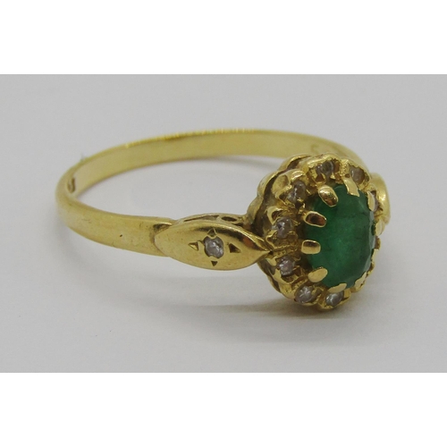 330 - 18ct oval emerald and diamond cluster ring, maker 'B&S', Birmingham 1981, size N, 2.8g