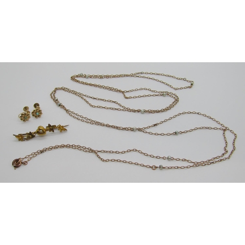 334 - Early 20th century yellow metal pearl sautoir necklace, 160cm L approx 10.3g, together with a Victor... 