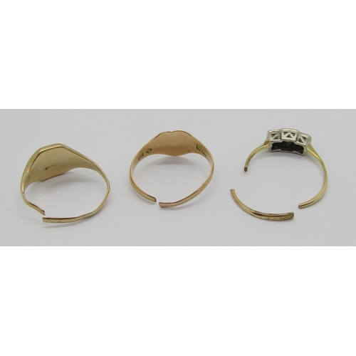 339 - Three gold rings (all af) comprising an 18k signet ring, 1.2g, a 9ct signet ring, 2.8g and an 18ct t... 