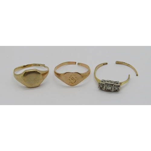 339 - Three gold rings (all af) comprising an 18k signet ring, 1.2g, a 9ct signet ring, 2.8g and an 18ct t... 