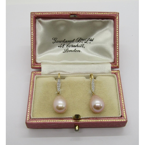 342 - Pair of blush pink pearl and diamond drop earrings, hooks stamped '18k 750', 3.3cm L approx, 5.8g