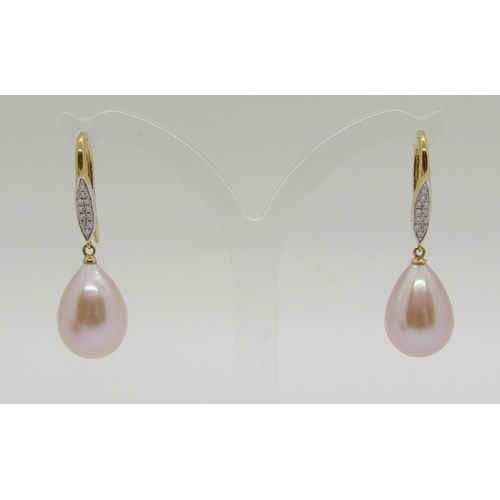 342 - Pair of blush pink pearl and diamond drop earrings, hooks stamped '18k 750', 3.3cm L approx, 5.8g