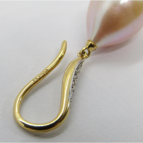 342 - Pair of blush pink pearl and diamond drop earrings, hooks stamped '18k 750', 3.3cm L approx, 5.8g