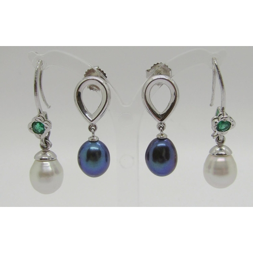 344 - Pair of white metal collet set emerald and pearl drop earrings, 7.6g and a further pair of silver Ta... 