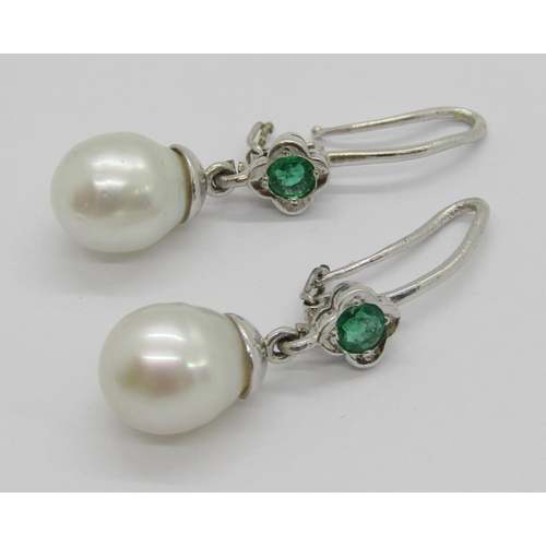 344 - Pair of white metal collet set emerald and pearl drop earrings, 7.6g and a further pair of silver Ta... 