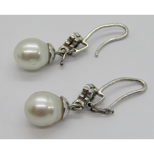 344 - Pair of white metal collet set emerald and pearl drop earrings, 7.6g and a further pair of silver Ta... 