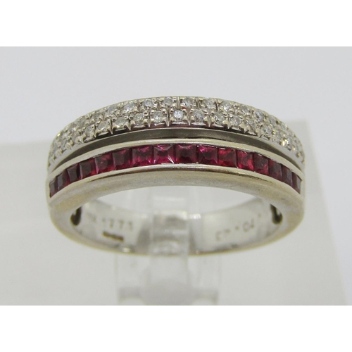 345 - 18k white gold princess-cut ruby and diamond double row ring, maker 'CPS', size N, 6.4g